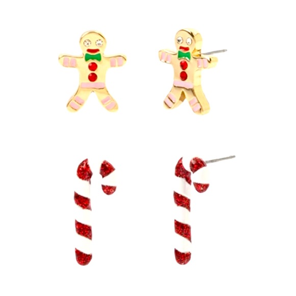 Betsey Johnson Christmas Gingerbread Man and Candy Cane Stud Earrings. NWT NIB - Picture 4 of 4